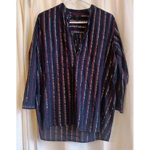 J.Crew Popover Shirt Womens Size 0 Navy/Red Stripe Long Sleeve Mandarin Collar‎
